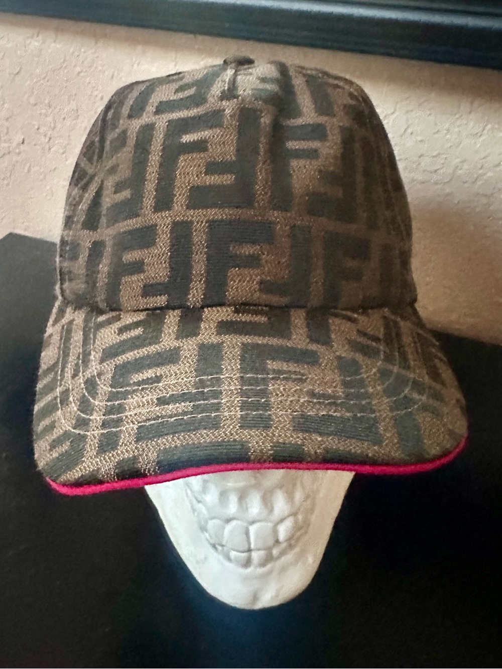 FF Brown Monogram Baseball Cap with Pink Trim